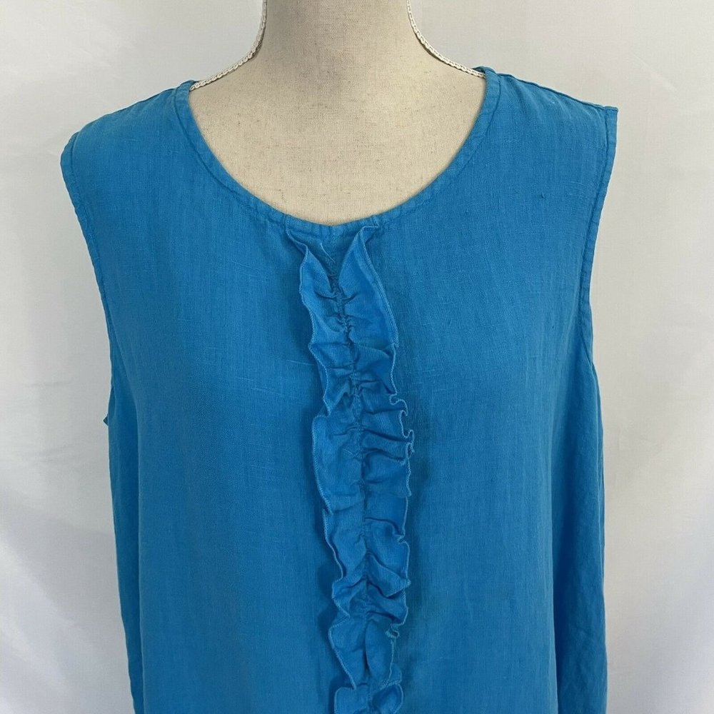 Bryn Walker Linen Blue Midi Dress LARGE Sleeveless Ruffle Front Lagenlook - Picture 2 of 7